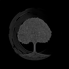 Poster - Stylized grayscale illustration of a tree encircled by concentric rings on a black background.