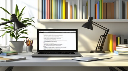 Poster - Sunlit workspace with laptop, books, and plant.