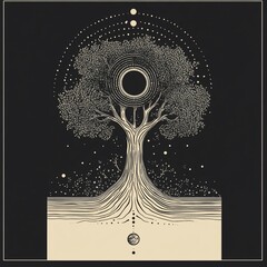 Poster - Mystical tree of life with celestial elements, intricate roots, and dark background.