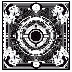 Poster - Abstract black and white symmetrical design with skull motifs and geometric patterns.