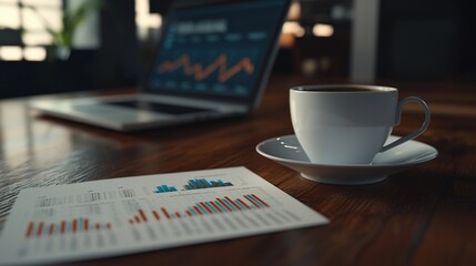 Poster - Coffee, charts, and laptop on a wooden desk.