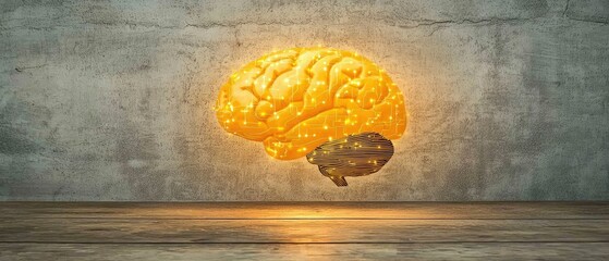 Poster - Illuminated brain model on rustic wooden surface against concrete wall.