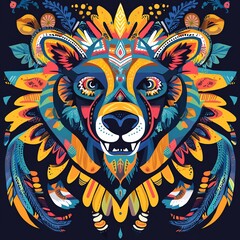 Poster - Colorful geometric bear portrait with floral and feather accents.