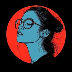 Poster - Stylish woman profile portrait, teal and red color scheme, minimalist style illustration.
