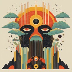 Poster - Abstract cosmic face with cascading elements, vibrant colors, and celestial details.