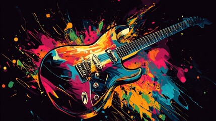 Poster - Colorful electric guitar with vibrant paint splatters on black background.