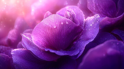 Wall Mural - Beautiful close-up of purple flowers glistening with droplets in a soft light background