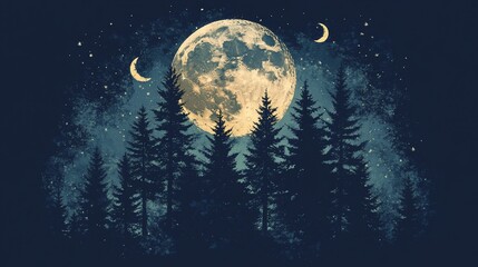 Poster - Full moon shining over silhouetted pine trees at night, stars and crescent moon visible.