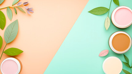 Aufkleber - Vibrant arrangement of natural elements and cosmetic products on pastel backgrounds