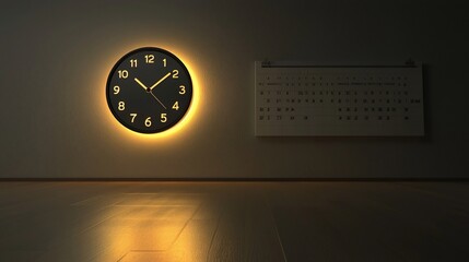 Poster - Illuminated wall clock and calendar in dim room.