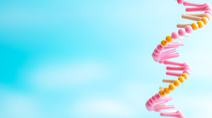 Poster - Colorful DNA helix model floats against a bright blue background, symbolizing genetic research and innovation