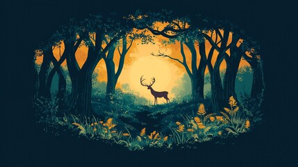 Aufkleber - Majestic deer silhouetted in a vibrant, mystical forest clearing at sunset.