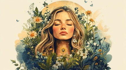 Aufkleber - Serene woman surrounded by blooming wildflowers, peaceful expression, sunlight.