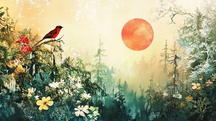 Poster - Red bird perched on branch in misty forest at sunrise with large red sun.