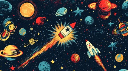 Poster - Rockets soaring through vibrant space, planets, stars, and comets.