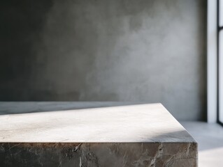 Fototapete - Sunlit stone table against a textured gray wall.