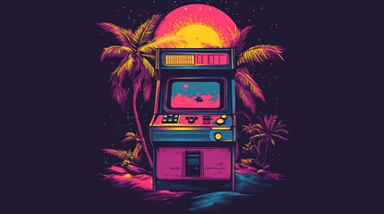 Poster - Retro arcade game machine on a tropical beach at sunset.