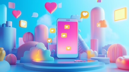 Poster - Smartphone displaying likes and hearts in a vibrant 3D scene.