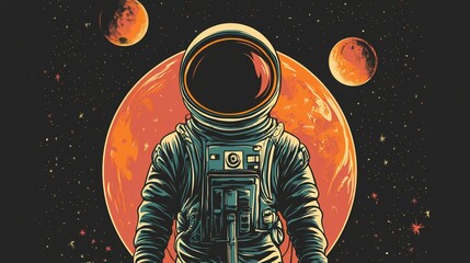 Poster - Astronaut in space suit against large red planet and stars.