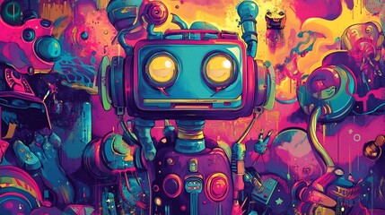 Poster - Retro robot in vibrant, surreal landscape.