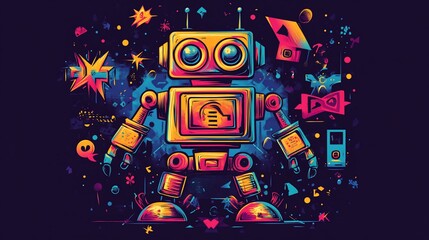 Poster - Colorful retro robot illustration with vibrant background elements.