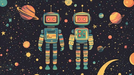 Poster - Two retro robots standing in space amongst planets and stars.