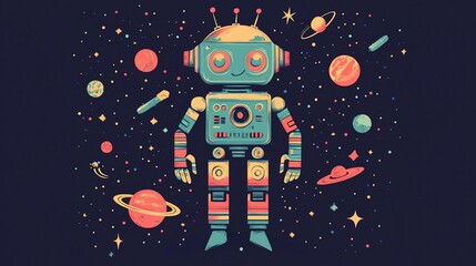 Poster - Retro robot in space with planets and stars.
