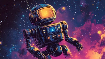 Poster - Retro robot floats in vibrant nebula.