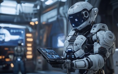 Aufkleber - Futuristic robot in space station, operating a tablet.