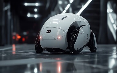 Poster - Futuristic white robot vehicle on sleek floor in modern setting.