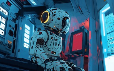 Aufkleber - Astronaut in futuristic spaceship interior, seated at console.
