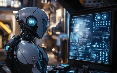 Poster - Futuristic robot monitoring data on a large screen in a high-tech facility.