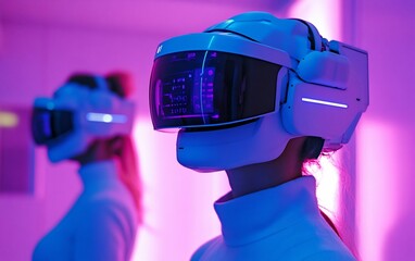 Poster - Two women wearing futuristic VR headsets in a neon-lit room.