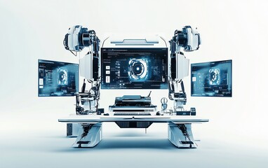 Poster - Futuristic robotic workstation with multiple screens displaying digital data and mechanical arms.