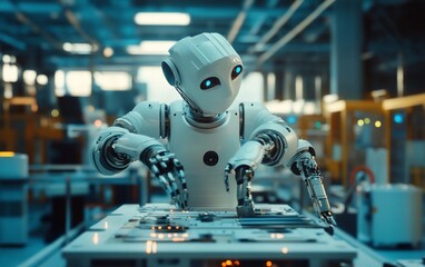 Aufkleber - A humanoid robot operates machinery in a futuristic factory.