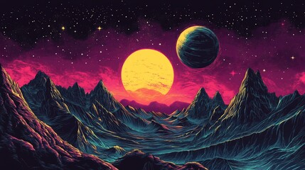 Poster - Vibrant alien landscape with two planets and mountain range at sunset.