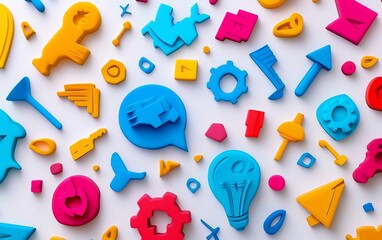 Poster - Colorful 3D shapes and icons representing ideas, innovation, and creativity on white background.