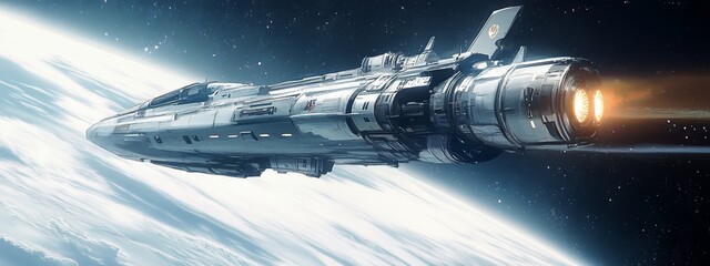 Poster - Futuristic spaceship in space above Earth, traveling at high speed.