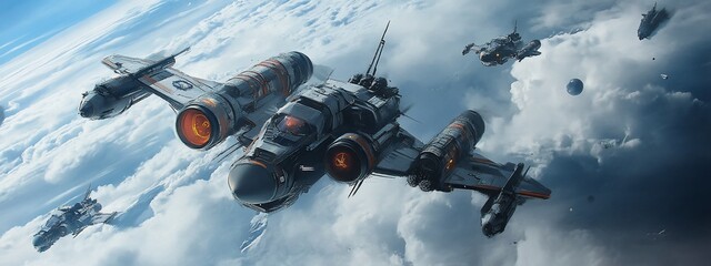 Poster - Futuristic spaceships fly through cloudy skies.