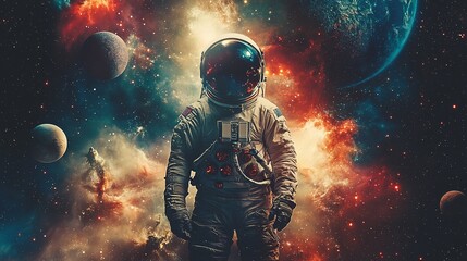 Poster - Astronaut in vibrant nebula, planets, and cosmic background.
