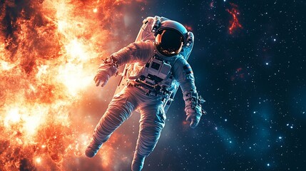 Poster - Astronaut floats in space amidst fiery nebula and stars.