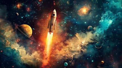 Poster - Rocket launching through vibrant nebula and planets.