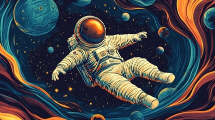 Poster - Astronaut floats weightlessly in vibrant, cosmic nebula, surrounded by planets and stars.