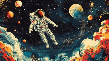 Poster - Astronaut floating in vibrant space nebula, amidst planets and stars.