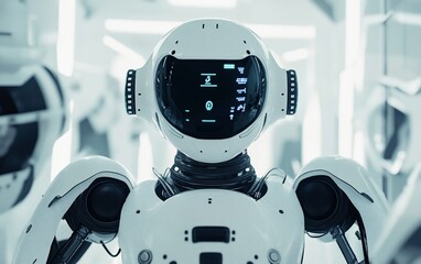 Poster - Close-up of a white robot's head and upper torso, displaying a digital interface.