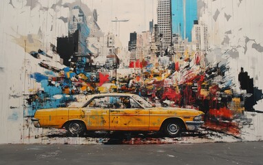Poster - Abstract painting of a vintage yellow car in a busy city street scene, vibrant colors and brushstrokes.