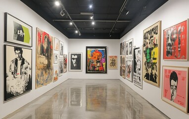 Poster - Modern art gallery interior showcasing diverse graphic posters and portraits.