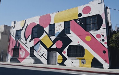 Poster - Colorful geometric mural painted on a city building's exterior wall.