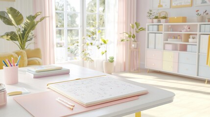 Poster - Bright home office workspace with pastel decor.