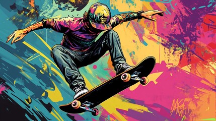 Poster - A vibrant illustration of a skateboarder mid-air, showcasing dynamic movement and colorful, abstract background.